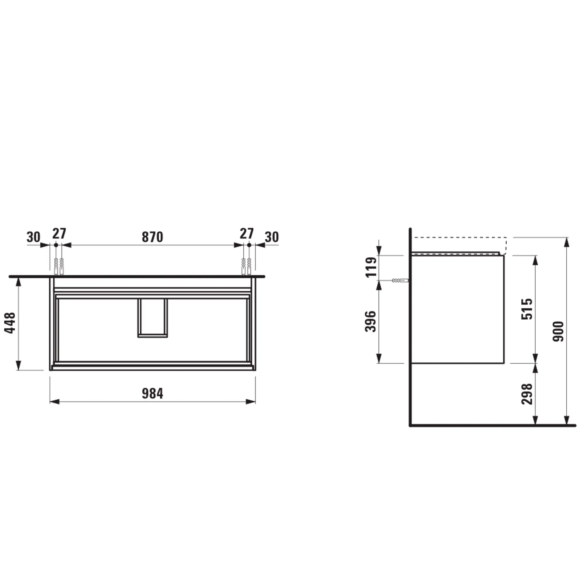 Waschtischunterbau, MEDA, 448x984x515, mit 2 Schubladen, 1 Ordnungssystem, integrierte Griffleiste, Vollauszug und Soft-Close, für Waschtisch MEDA H810119 (100 cm), weiß matt Waschtischunterbau, MEDA, 448x984x515, mit 2 Schubladen, 1 Ordnungssystem, integrierte Griffleiste, Vollauszug und Soft-Close, für Waschtisch MEDA H810119 (100 cm), weiß matt