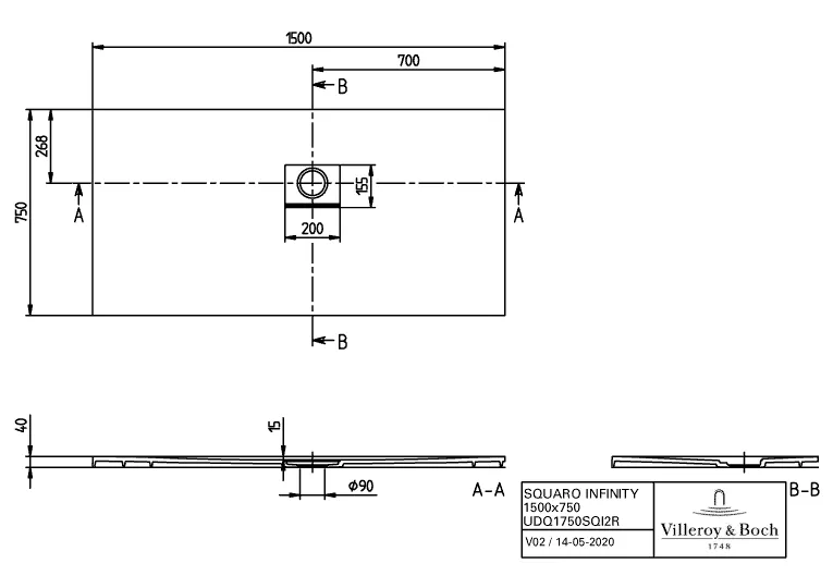 Villeroy & Boch rechteck Duschwanne „Squaro Infinity“ Eck-Einbau rechts gegen Wand 150 × 75 cm