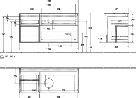 Villeroy & Boch Waschtischunterschrank „Finion“ für Schrankwaschtisch 120 × 60,3 × 50,1 cm 3 Schubladen, für Waschtischposition mittig, inkl. Beleuchtung mittig