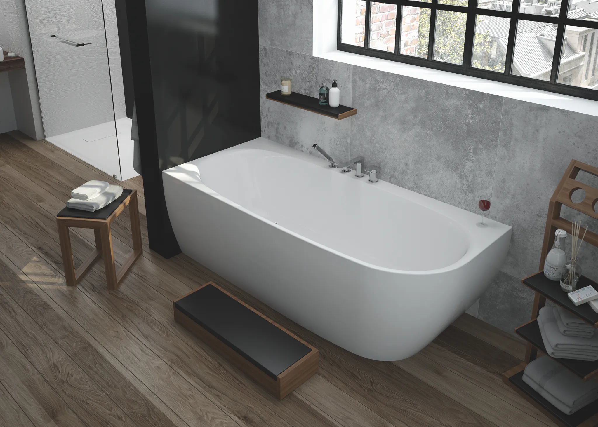 Hoesch iSensi Eck 1700x750 Monolith links mit Überlaufschlitz, mit angeformte Schürze Hoesch iSensi Eck 1700x750 Monolith links mit Überlaufschlitz, mit angeformte Schürze