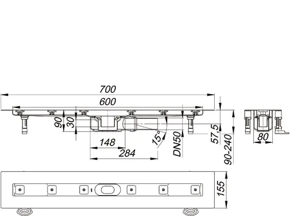 Duschrinne CeraLine PLAN F 600 mm, DN 50