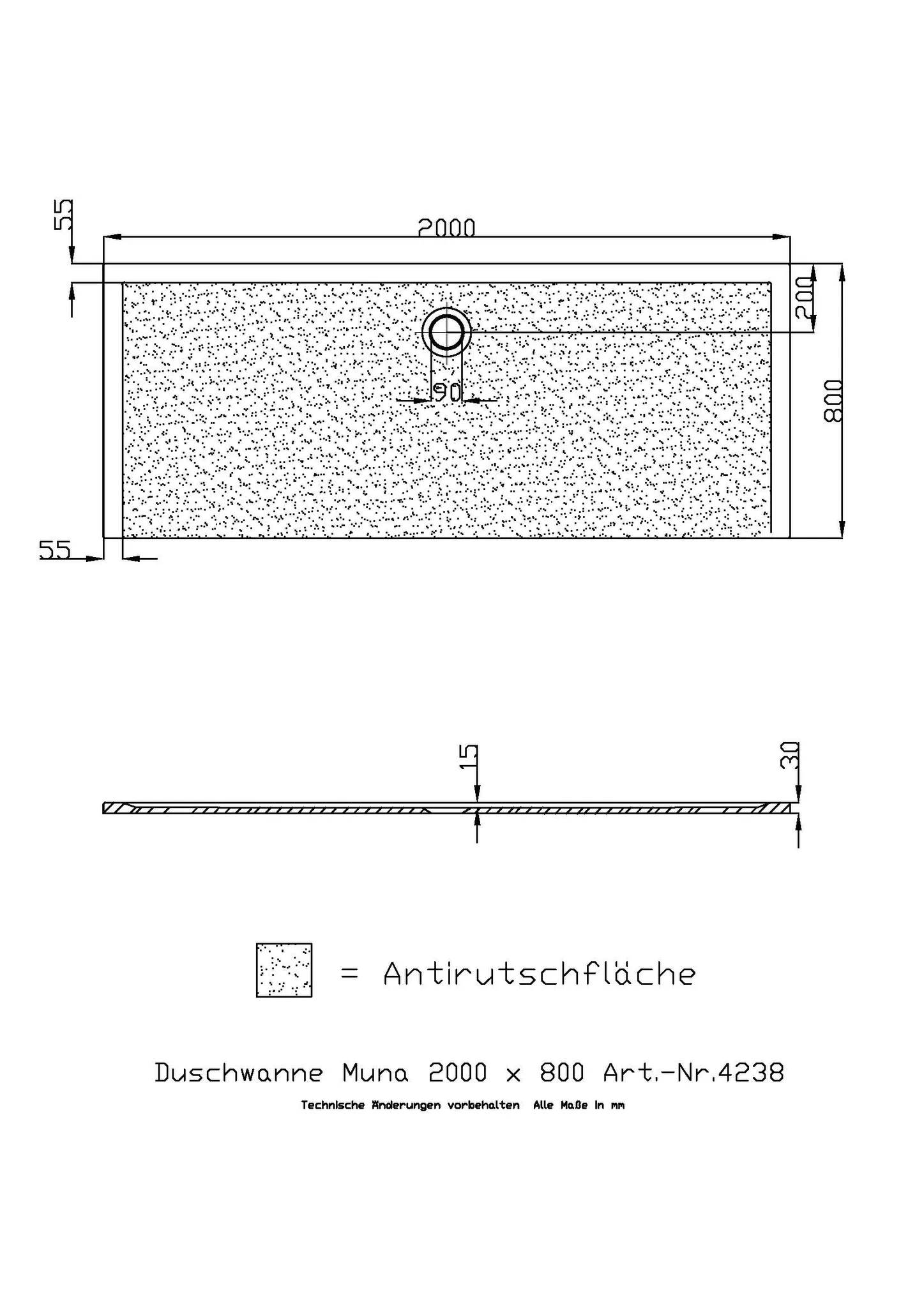 Duschwanne „Muna“ Rechteck 200 × 80 cm in Schiefergrau