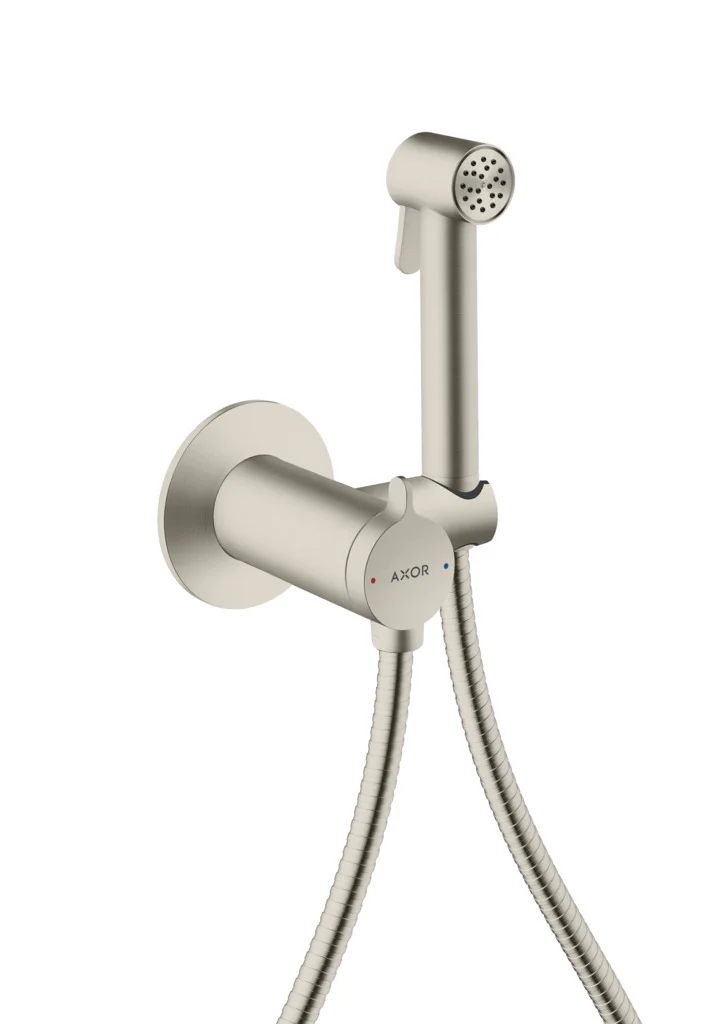 Hansgrohe AXOR Bidette Showers Handbrause 1-Jet rund für Mischwasser mit Brausehalter und 1,25 m Schlauch, Edelstahl Optic