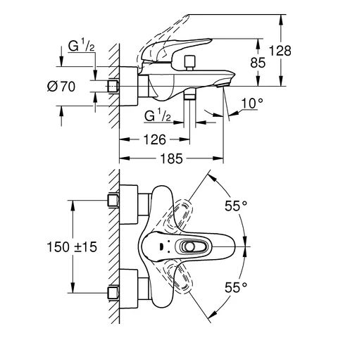 Einhand-Wannenbatterie Eurostyle 33591_3, Wandmontage, offener Metall-Hebelgriff, chrom Einhand-Wannenbatterie Eurostyle 33591_3, Wandmontage, offener Metall-Hebelgriff, chrom