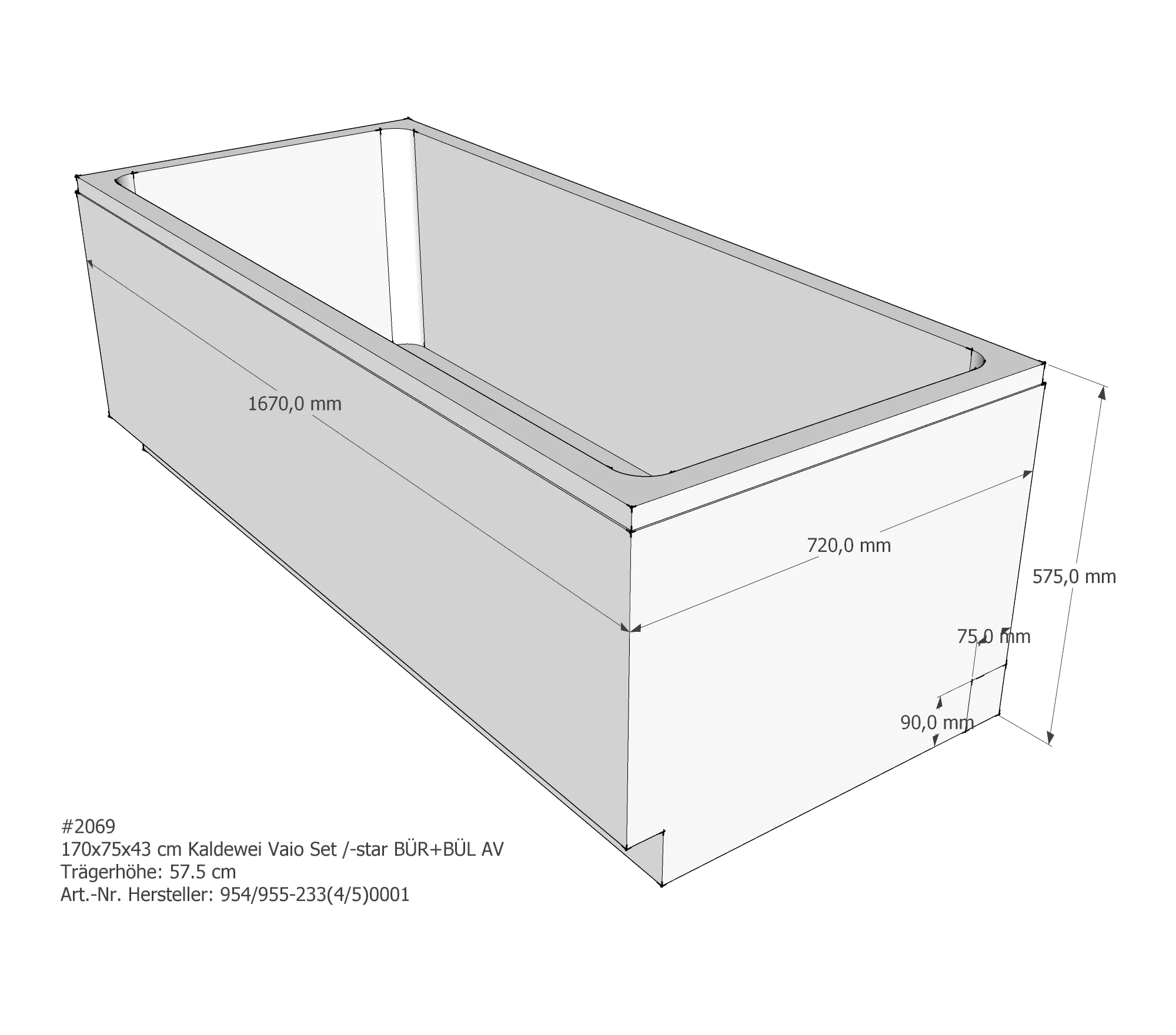 Badewannenträger für Kaldewei Vaio Set 170 × 75 × 43 cm