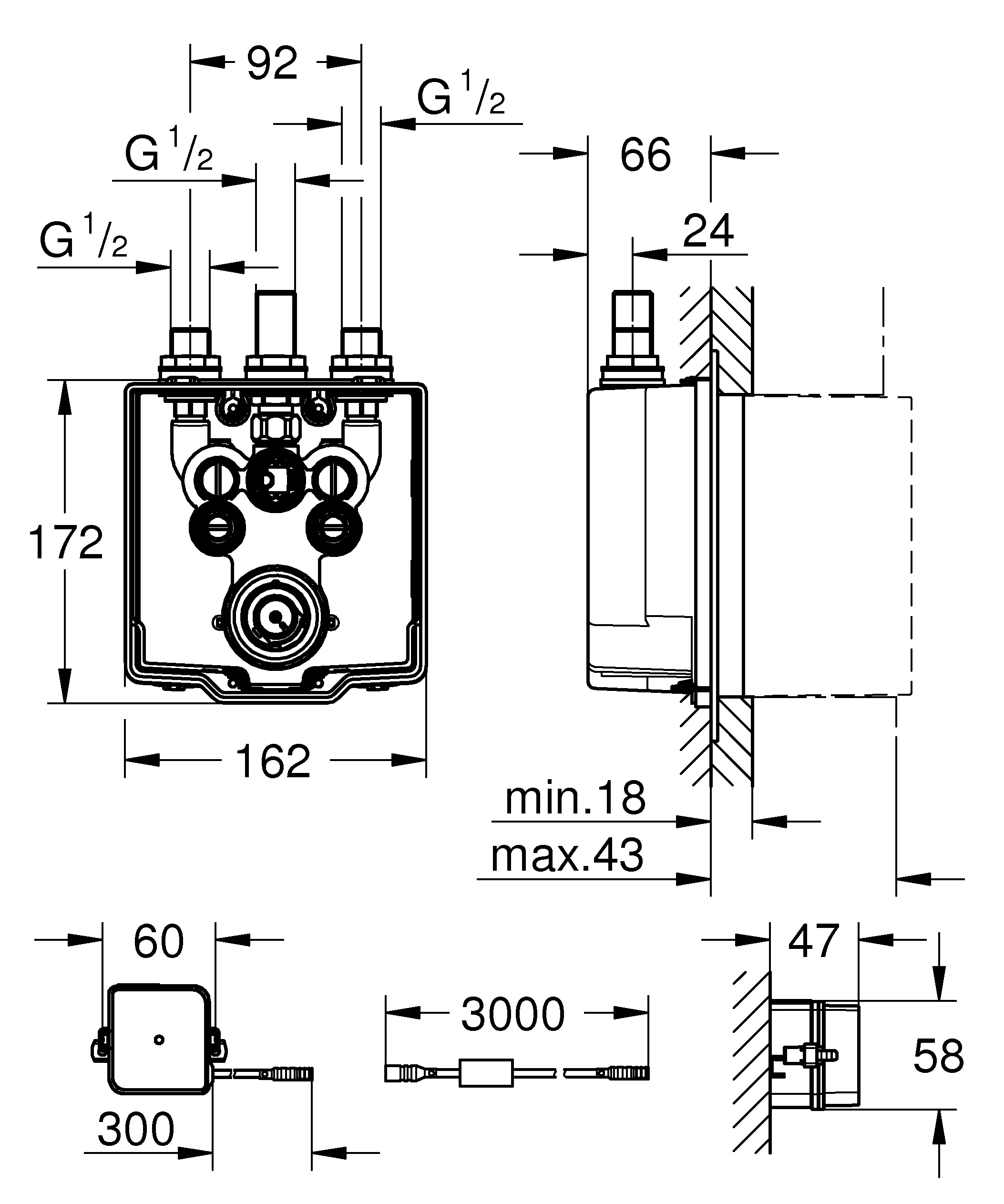 Unterputzkörper Eurosmart CE 36459, für Brause, thermostatische Mischung, für Infrarot-Fertigmontageset 36 456 00, Trafo 230 V, mit Dichtmanschette, für normgerechte Wanddurchführung bei Wassereinwirkung nach DIN 18534:2017