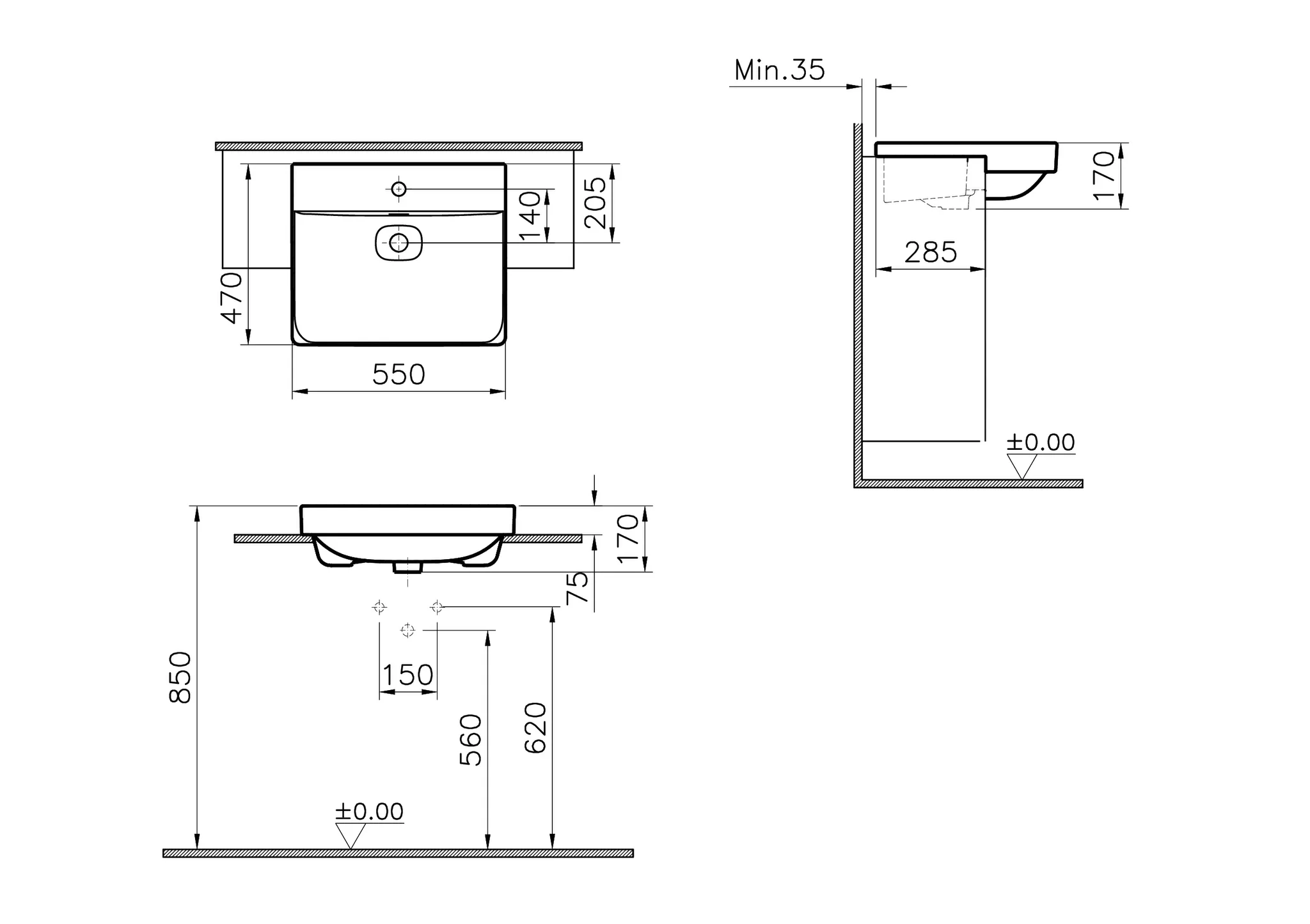 VitrA New Metropole Halbeinbauwaschtisch rechteckig 55 x 47 cm mit Hahnloch und Überlaufschlitz, Edelweiß VitrA New Metropole Halbeinbauwaschtisch rechteckig 55 x 47 cm mit Hahnloch und Überlaufschlitz, Edelweiß