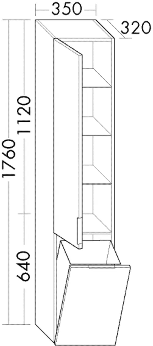 Hochschrank, 1 Tür;1 Wäschekippe;3 Glaseinlegeböden;1 fester Boden, Tiefe: 320 mm, Breite: 350 mm, Höhe: 1760 mm