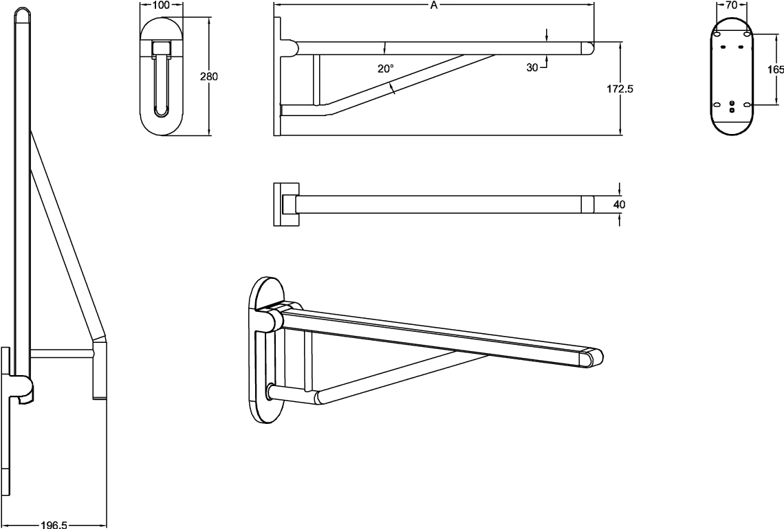 Villeroy & Boch ViCareDESIGN Klappgriff, Aluminium, 750 mm/850 mm, Edelstahl-Stütze, 25 mm Rohrdurchmesser
