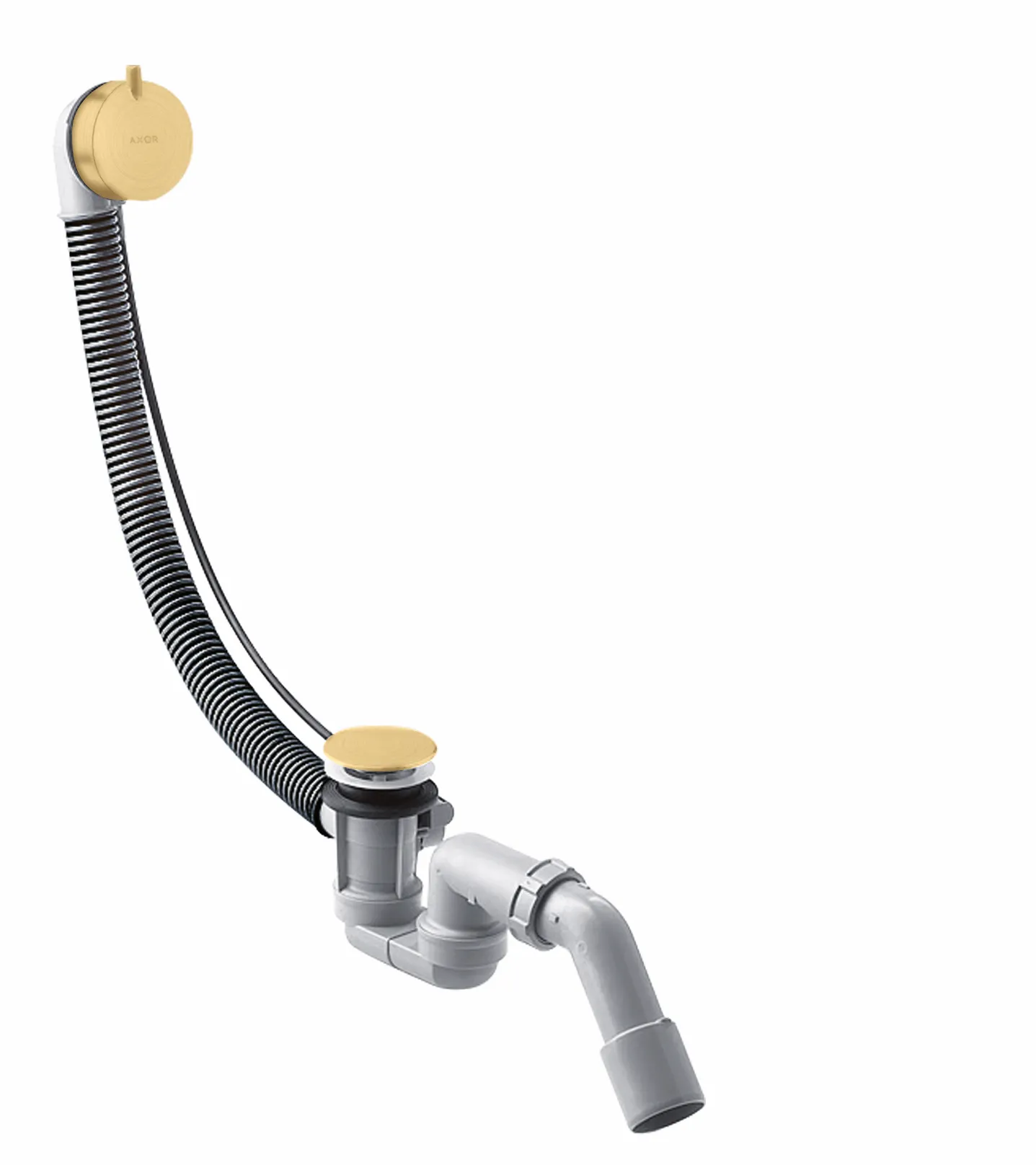 Hansgrohe AXOR Ab- und Überlaufgarnitur Flexaplus S Komplettset Brushed Gold Optic für Normalwannen, PE-Verschraubung G 1 1/2 x 40/50 mm, Stauwasserhöhe 50 mm, Bowdenzuglänge 520 mm