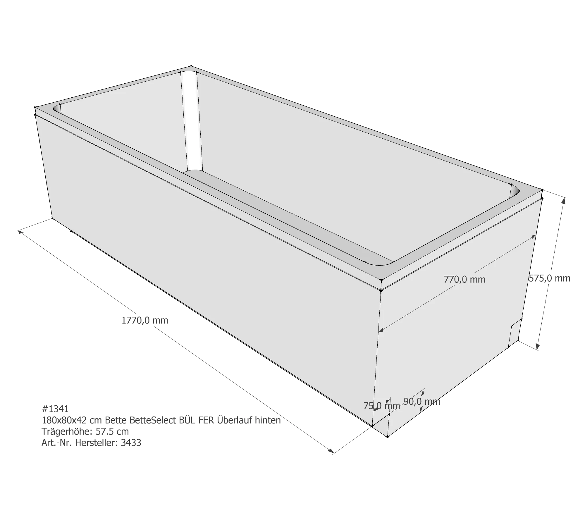 Badewannenträger für Bette Select 180 × 80 × 42 cm Ab- und Überlaufposition: hinten / Breite: 80 cm / Länge: 180 cm