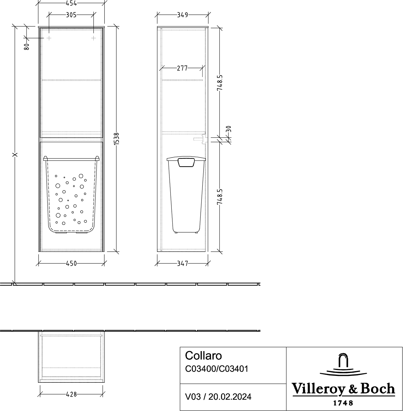 Villeroy & Boch Collaro Hochschrank C03401 454x1538x347mm 2 Türen AA White Oak