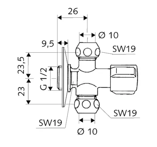 Eckventil COMFORT, COMFORT-Griff, Rosette Ø 54 mm (Tiefe 3 mm), DN 15 G 1/2 AG, 2x Ø 10 mm (DN 10 G 3/8 AG), chrom