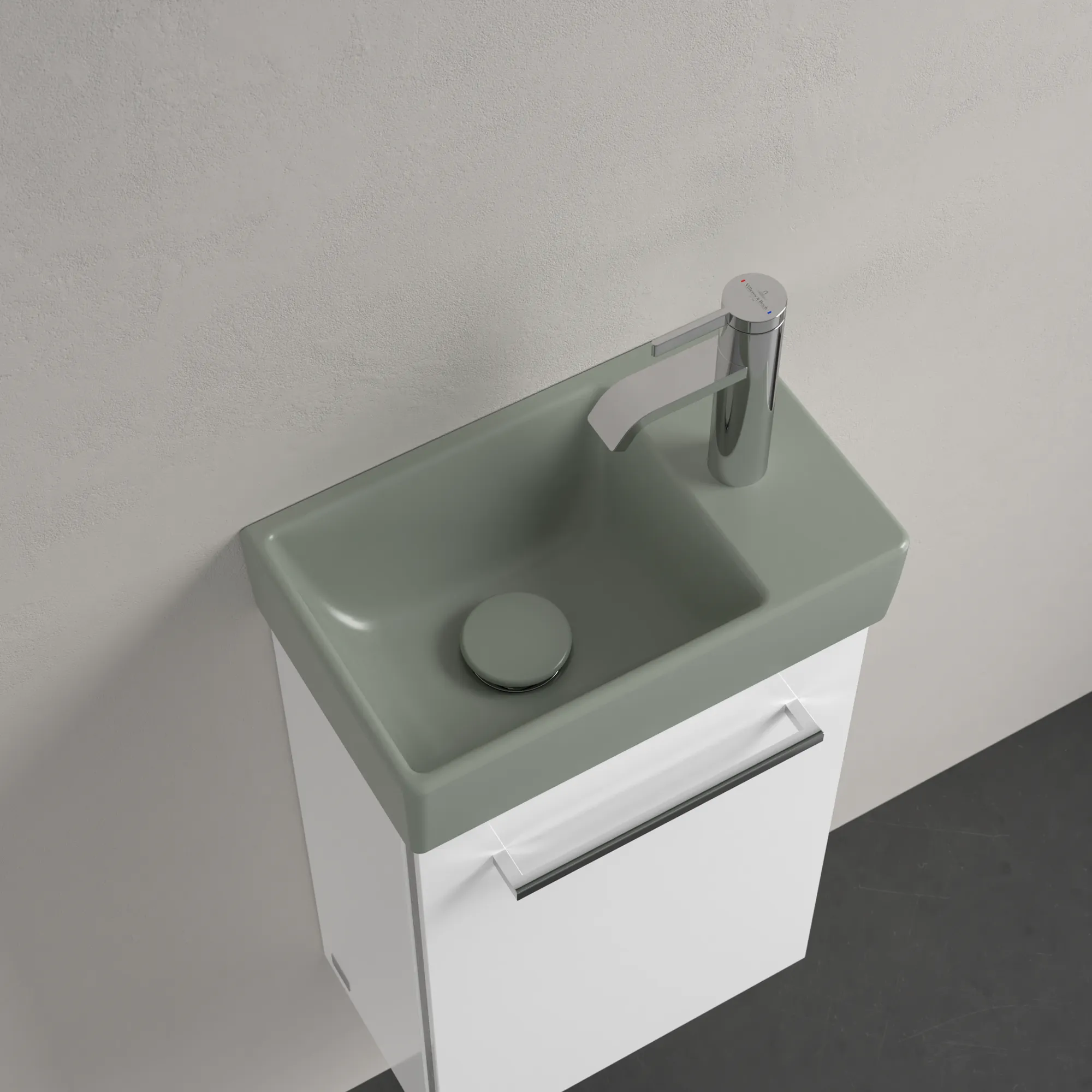 Villeroy & Boch Handwaschbecken „Avento“ 360 × 220 × 110 mm, für Becken links, mit Hahnlochbohrung, Hahnlochposition mittig in Morning Green Villeroy & Boch Handwaschbecken „Avento“ 360 × 220 × 110 mm, für Becken links, mit Hahnlochbohrung, Hahnlochposition mittig in Morning Green