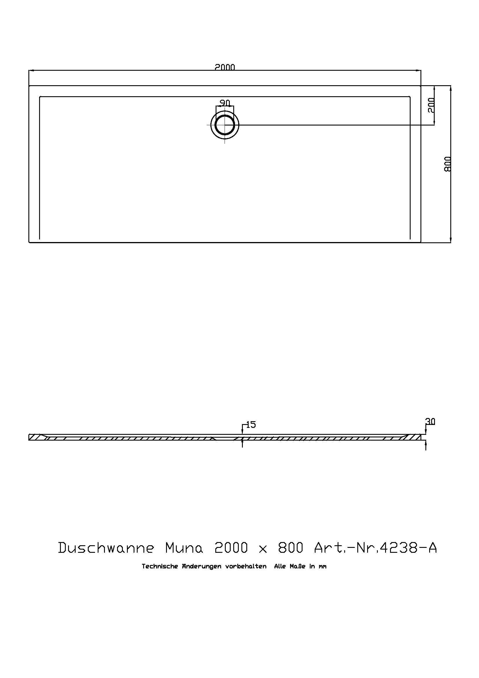 Duschwanne „Muna“ Rechteck 200 × 80 cm in Weiß