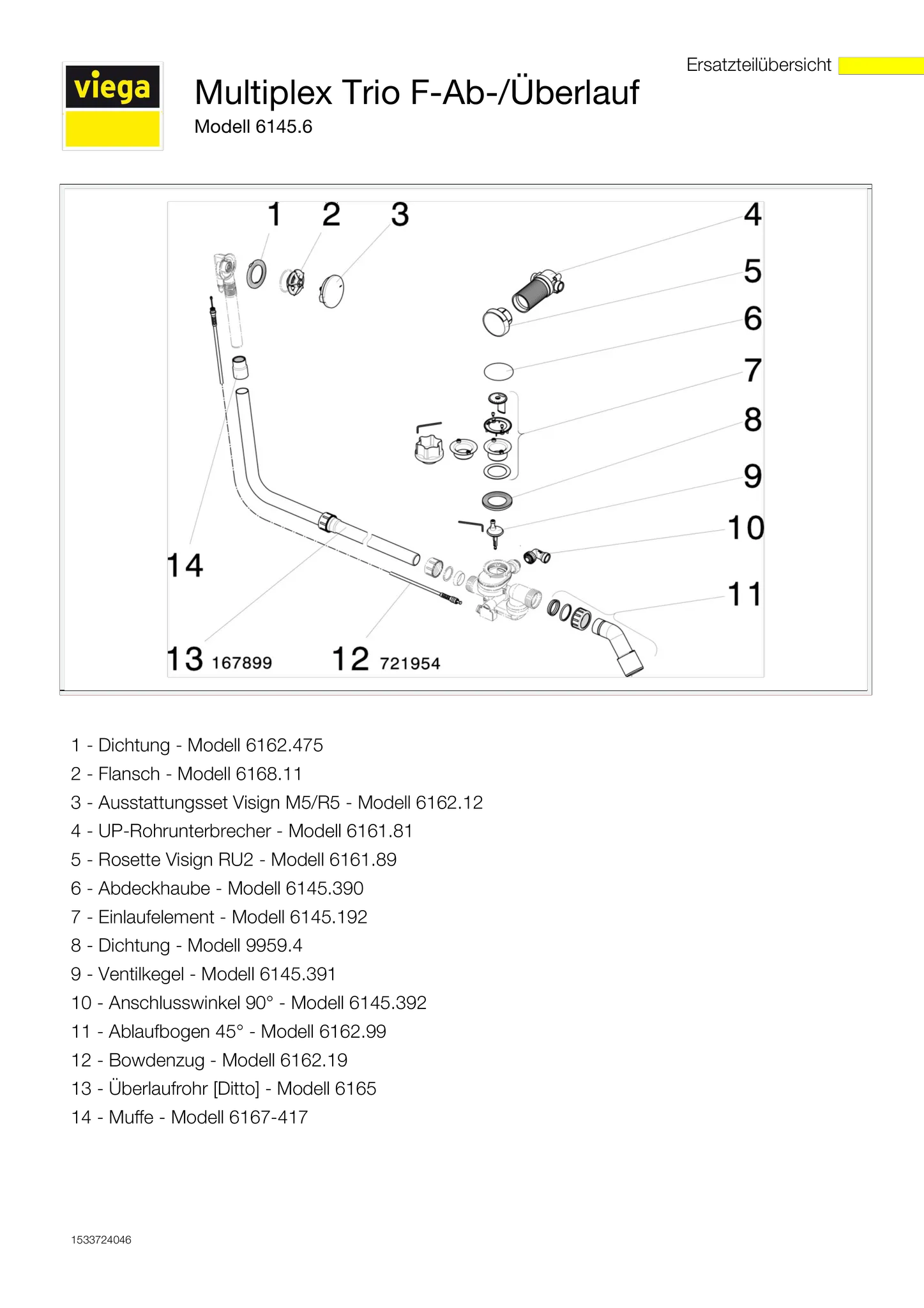 Viega Ab- und Überlaufgarnitur mit Zulauffunktion Modell 6145.6 „Multiplex Trio“ in 1070 mm × DN40 / 50 Kunststoff verchromt 19 cm