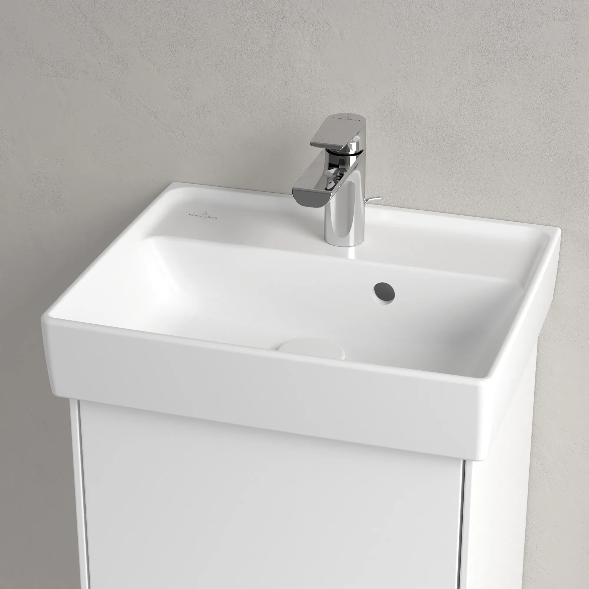 Villeroy & Boch Handwaschbecken aus TitanCeram „Collaro“ 450 × 370 × 150 mm, mit Hahnlochbohrung, Hahnlochposition mittig in Stone White Villeroy & Boch Handwaschbecken aus TitanCeram „Collaro“ 450 × 370 × 150 mm, mit Hahnlochbohrung, Hahnlochposition mittig in Stone White