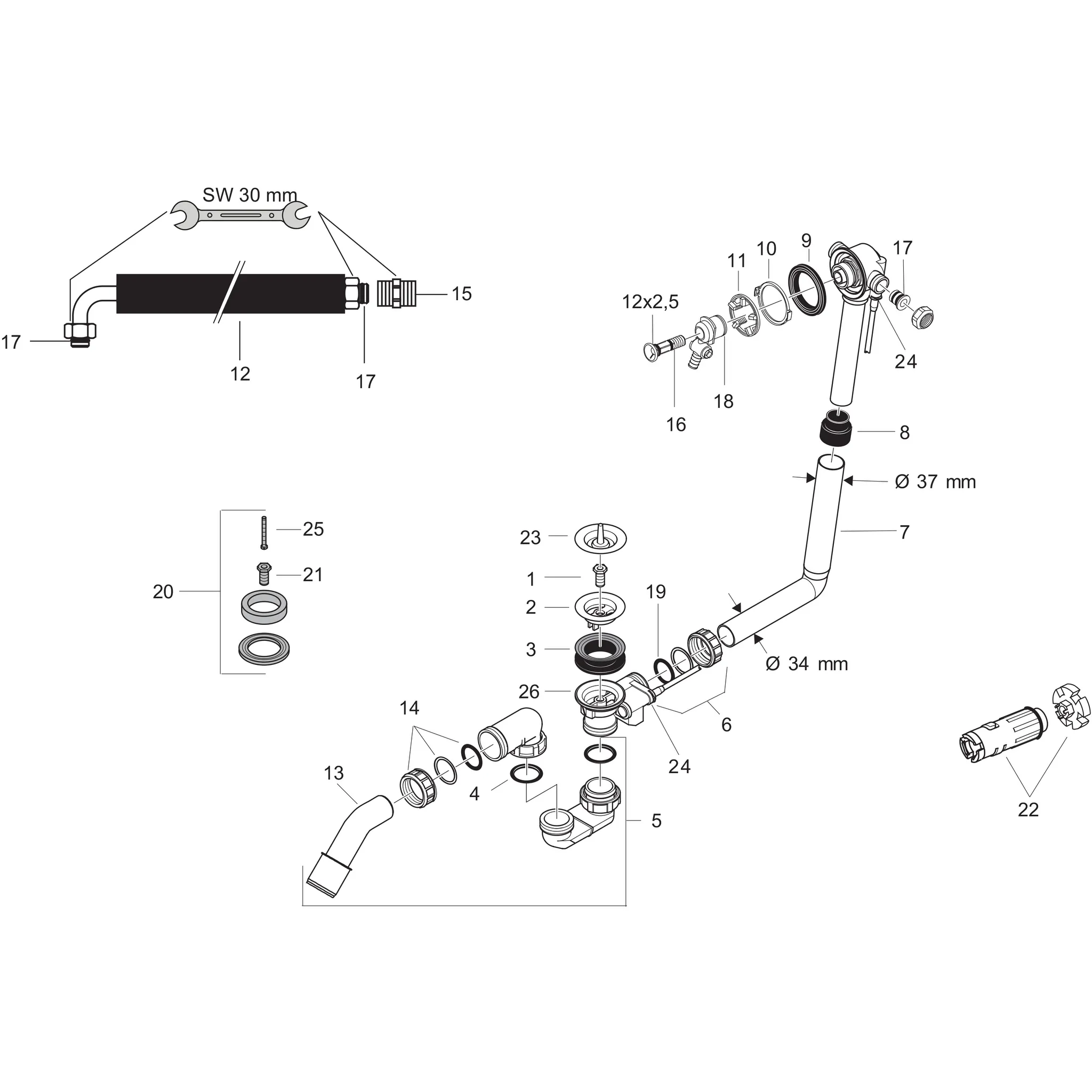 Wannenein-,Ab-u.Überlaufgarnitur Exafill Grundset für Sonderwannen Wannenein-,Ab-u.Überlaufgarnitur Exafill Grundset für Sonderwannen
