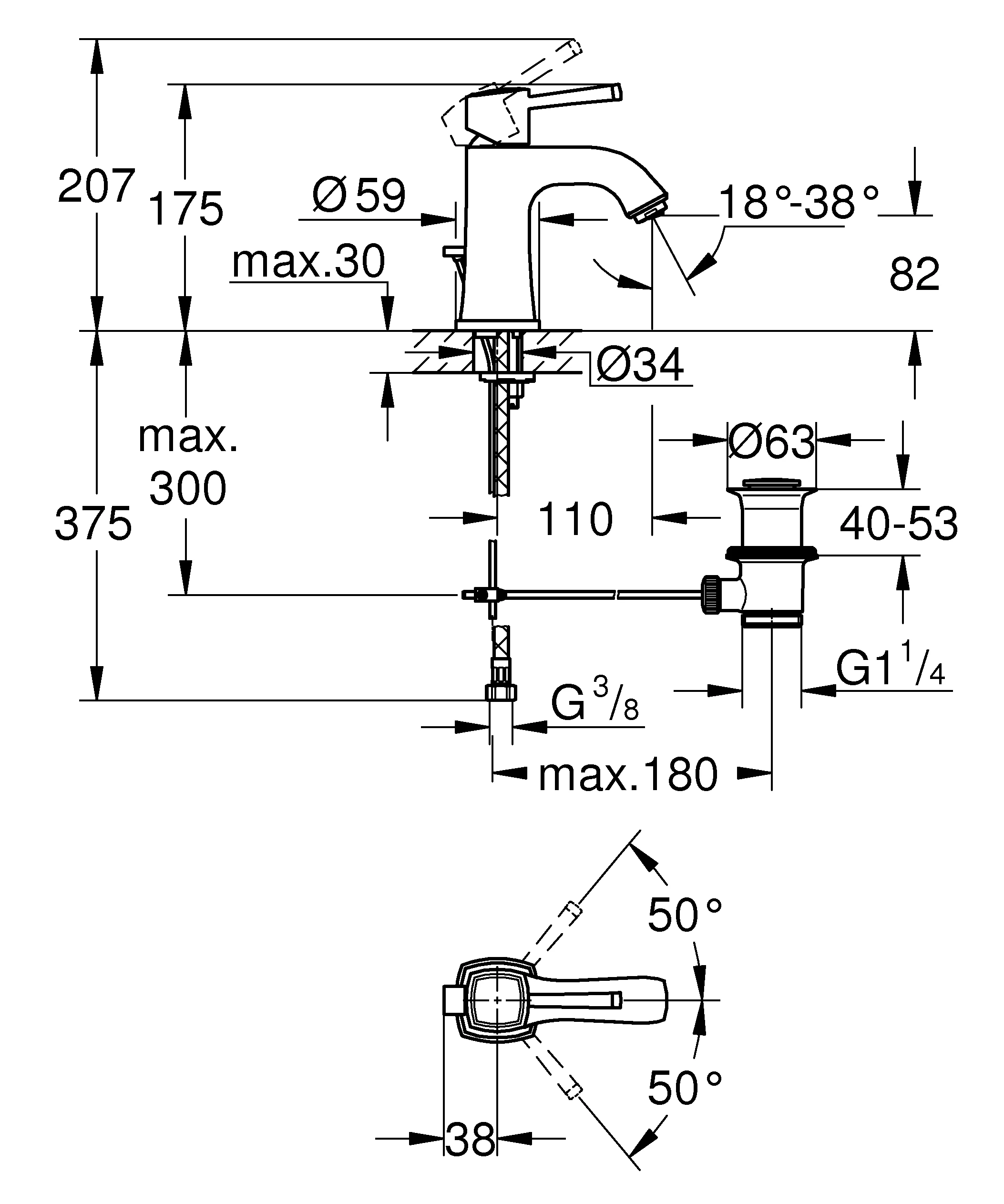 Einhand-Waschtischbatterie Grandera 24369, M-Size, Einlochmontage, Zugstangen-Ablaufgarnitur 1 1/4'', chrom