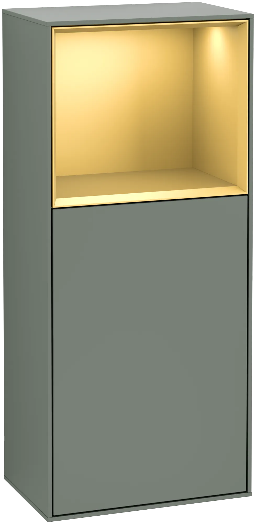 Villeroy & Boch Seitenschrank Finion F50 - Eckig, Olive Matt Lacquer mit Gold Regalelement, 418x936x270 mm, mit Beleuchtung und Push-to-open Funktion Villeroy & Boch Seitenschrank Finion F50 - Eckig, Olive Matt Lacquer mit Gold Regalelement, 418x936x270 mm, mit Beleuchtung und Push-to-open Funktion