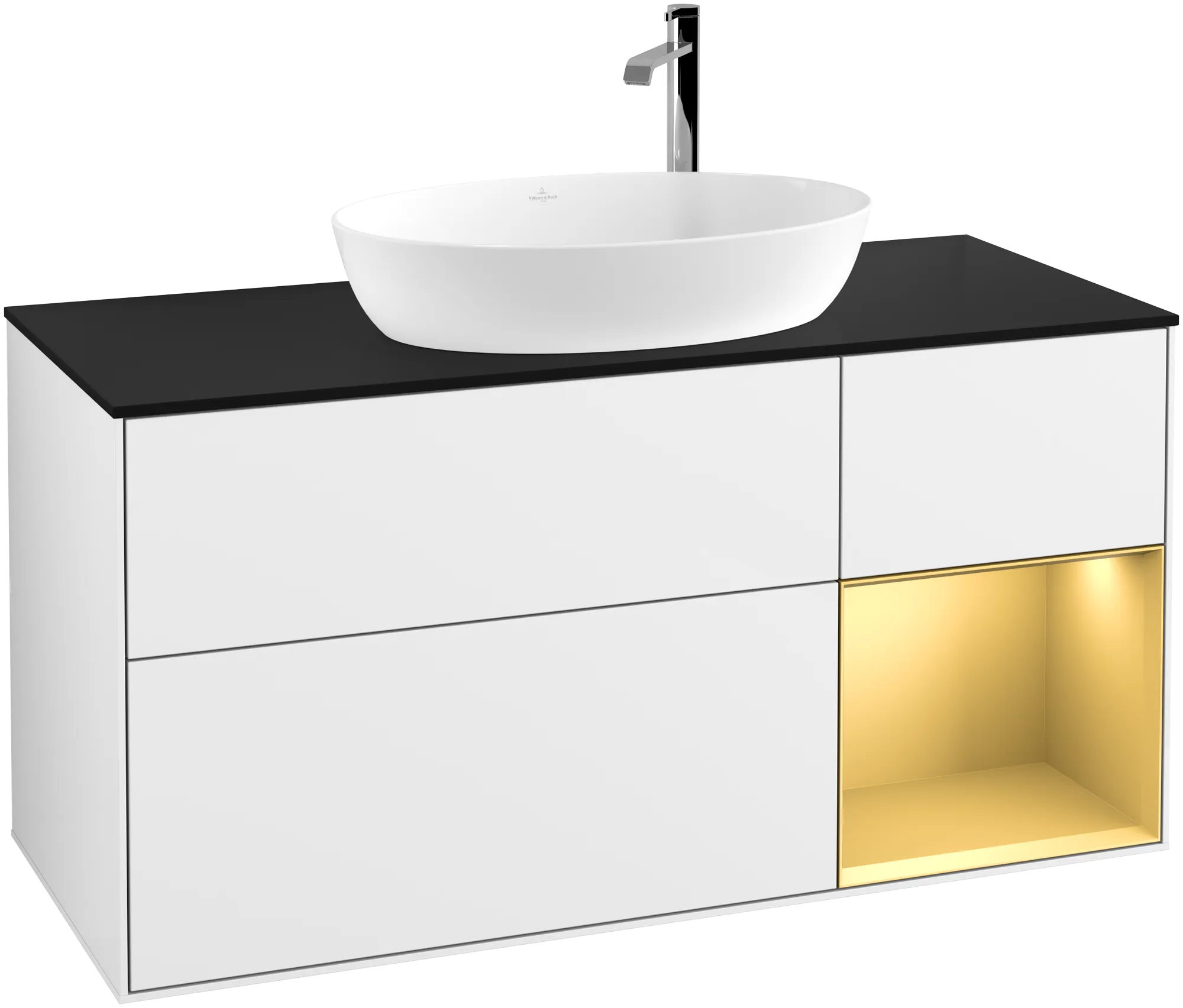 Villeroy & Boch Finion Waschbeckenunterschrank F95 1200x603x501mm Glossy White Lacquer / Gold Matt Lacquer / Glass Black Matt