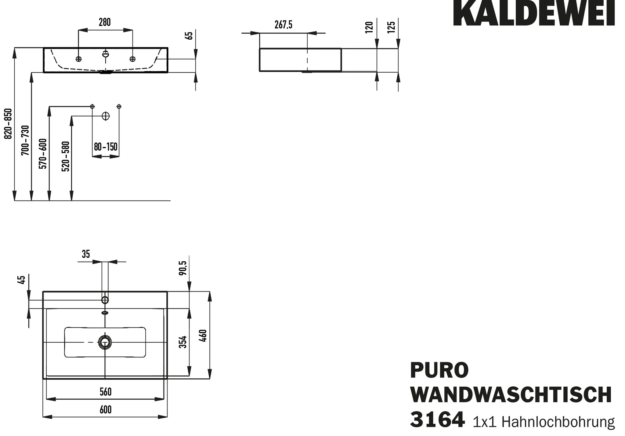 Kaldewei PURO Wandwaschtisch 3164, 600x460 mm, cool grey 70, Perl-Effekt, Antidröhn mit Überlauf, alpinweiß