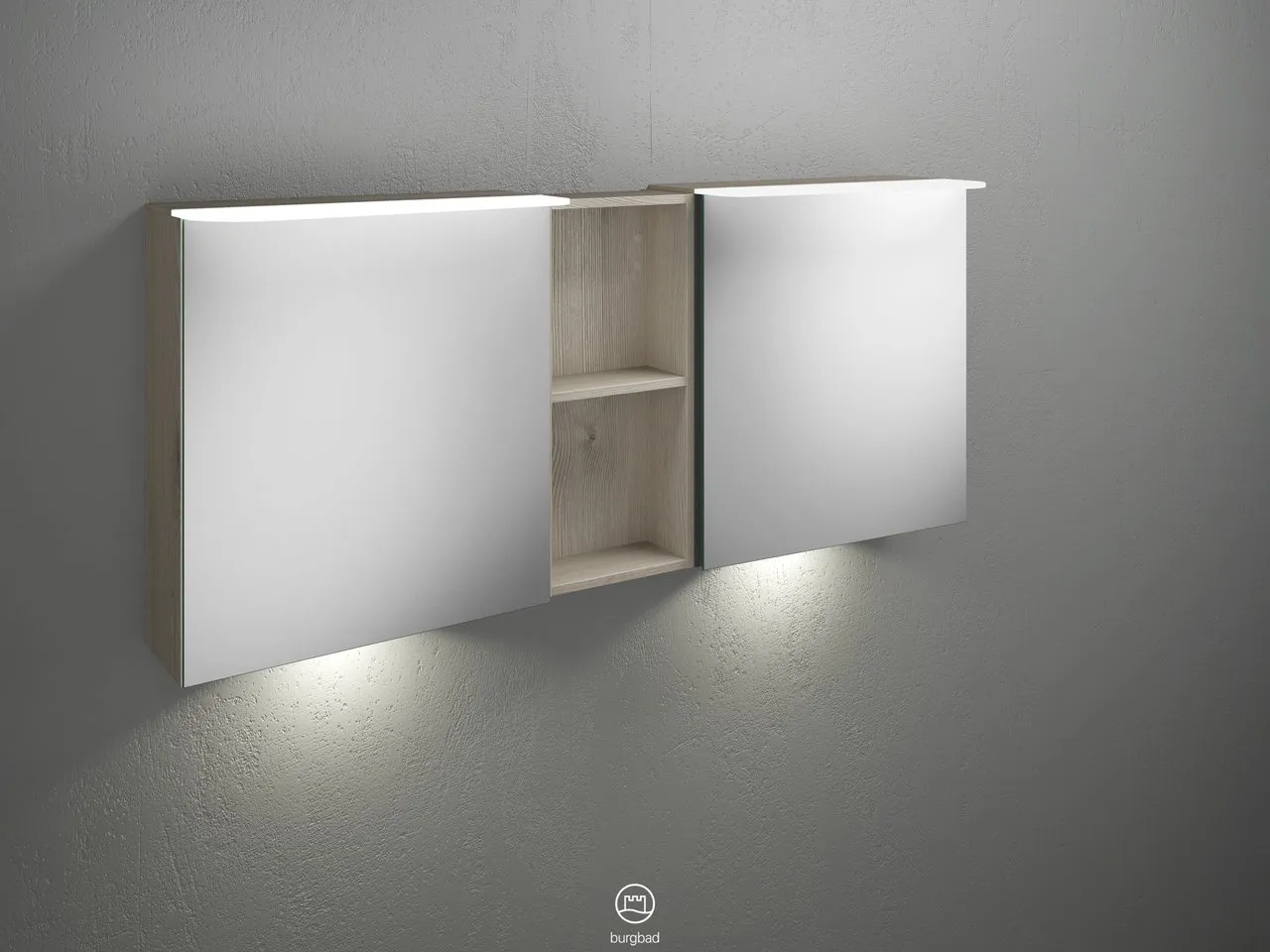 Burgbad Spiegelschrank Badu SFUE150, 310x1500x665 mm, beidseitig verspiegelt mit Regal und LED-Beleuchtung