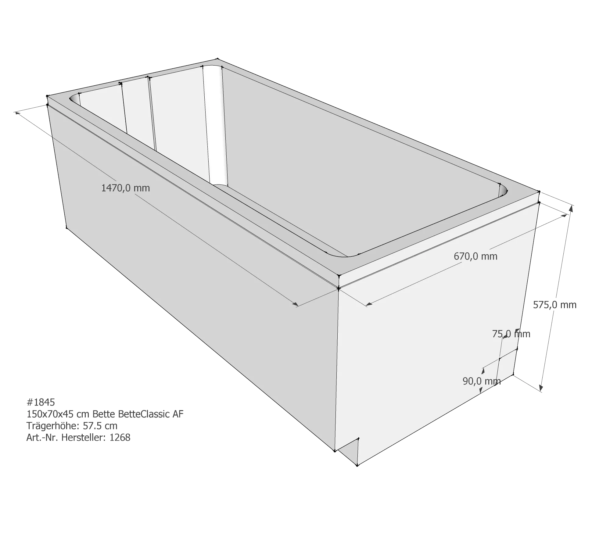 Badewannenträger passend für Bette BetteClassic 150 × 70 × 45 cm Breite: 70 cm / Länge: 150 cm