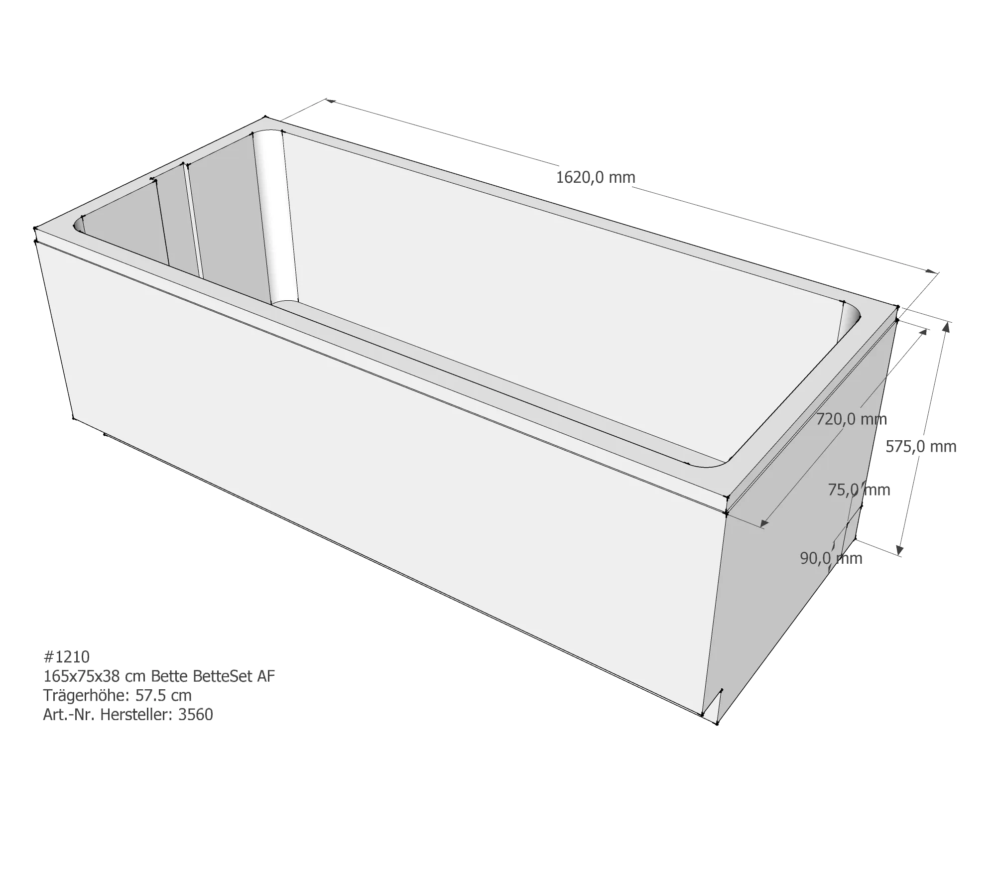 Badewannenträger für Bette Set 165 × 75 × 38 cm
