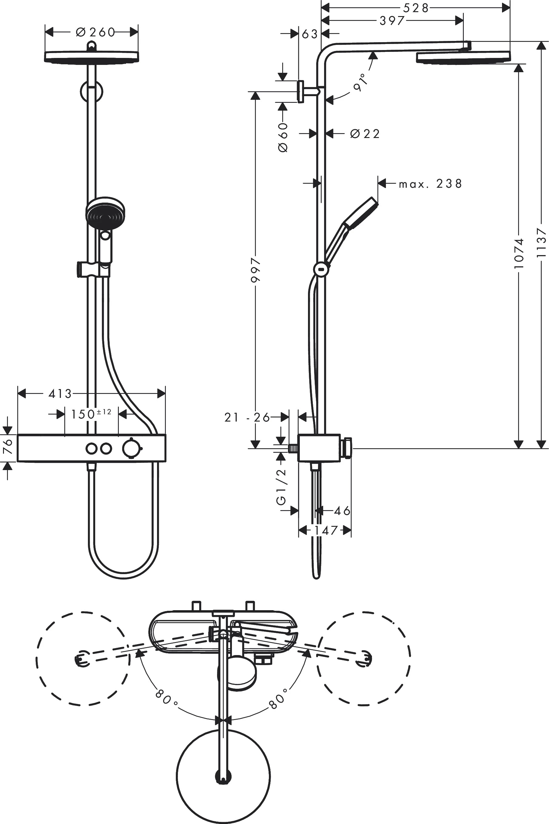 Showerpipe Pulsify 260 1jet mit Brausethermostat Aufputz chrom