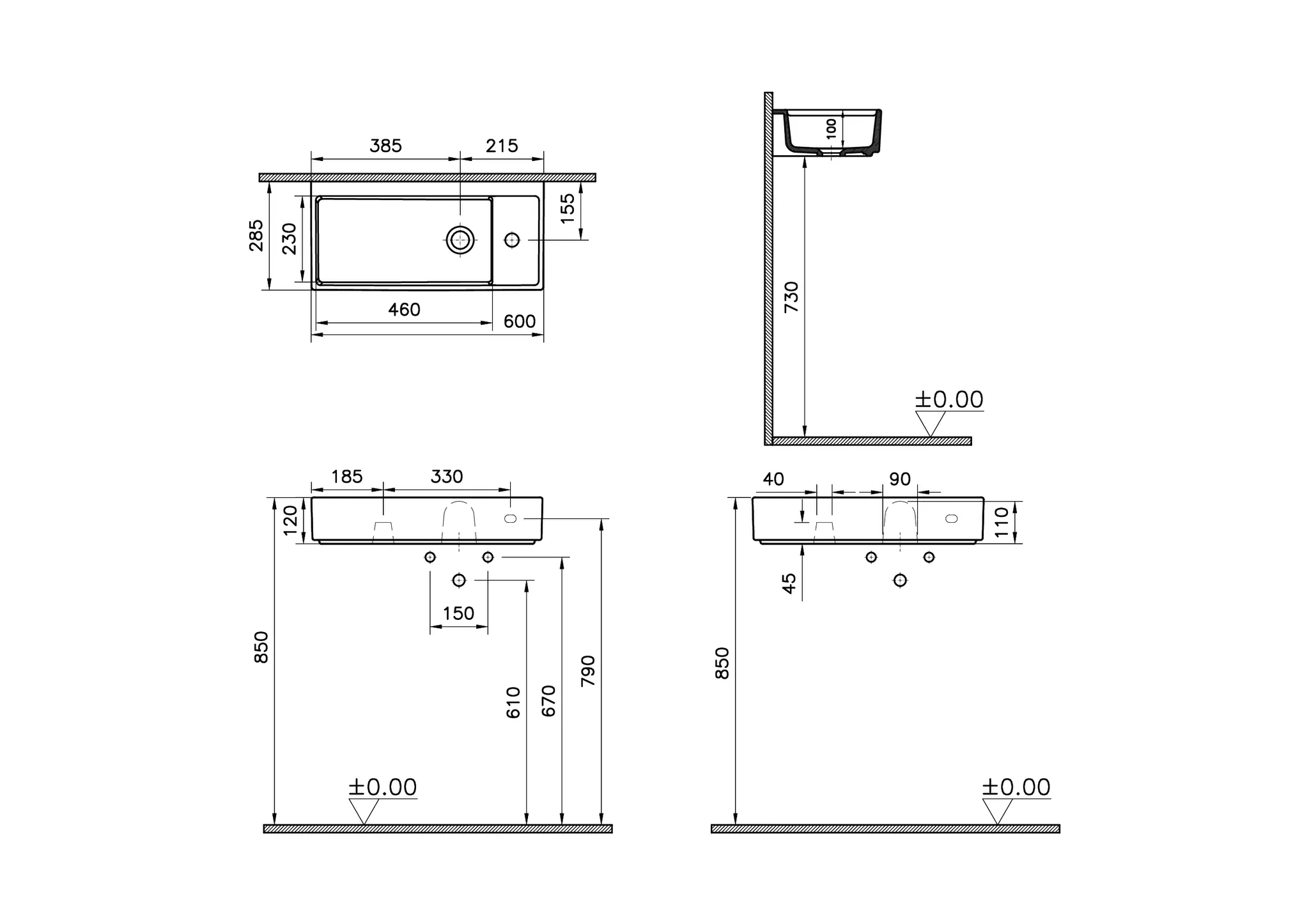 VitrA ArchiPlan Waschtisch Compact 60x28 cm, asymmetrisch, wandgebunden, Weiße Hochglanz mit VitrA Clean Oberflächenveredelung VitrA ArchiPlan Waschtisch Compact 60x28 cm, asymmetrisch, wandgebunden, Weiße Hochglanz mit VitrA Clean Oberflächenveredelung