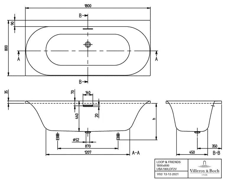 Villeroy & Boch Whirlwanne mit ovaler Innenform „Loop & Friends“ mit Whirlsystem „Airpool Entry“ 180 × 80 cm