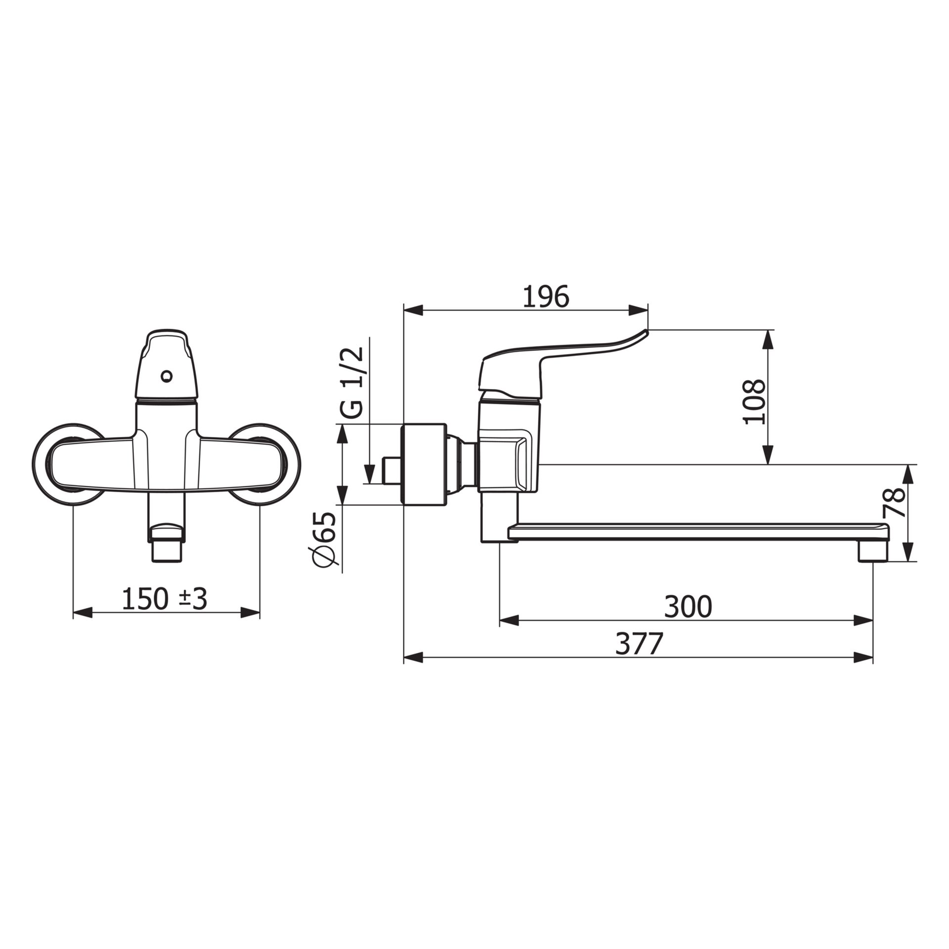 HA Einhebelmischer Waschtischbatterie HANSACLINICA 0154 Bedienungshebel lang Ausladung 377 mm DN15 Chrom