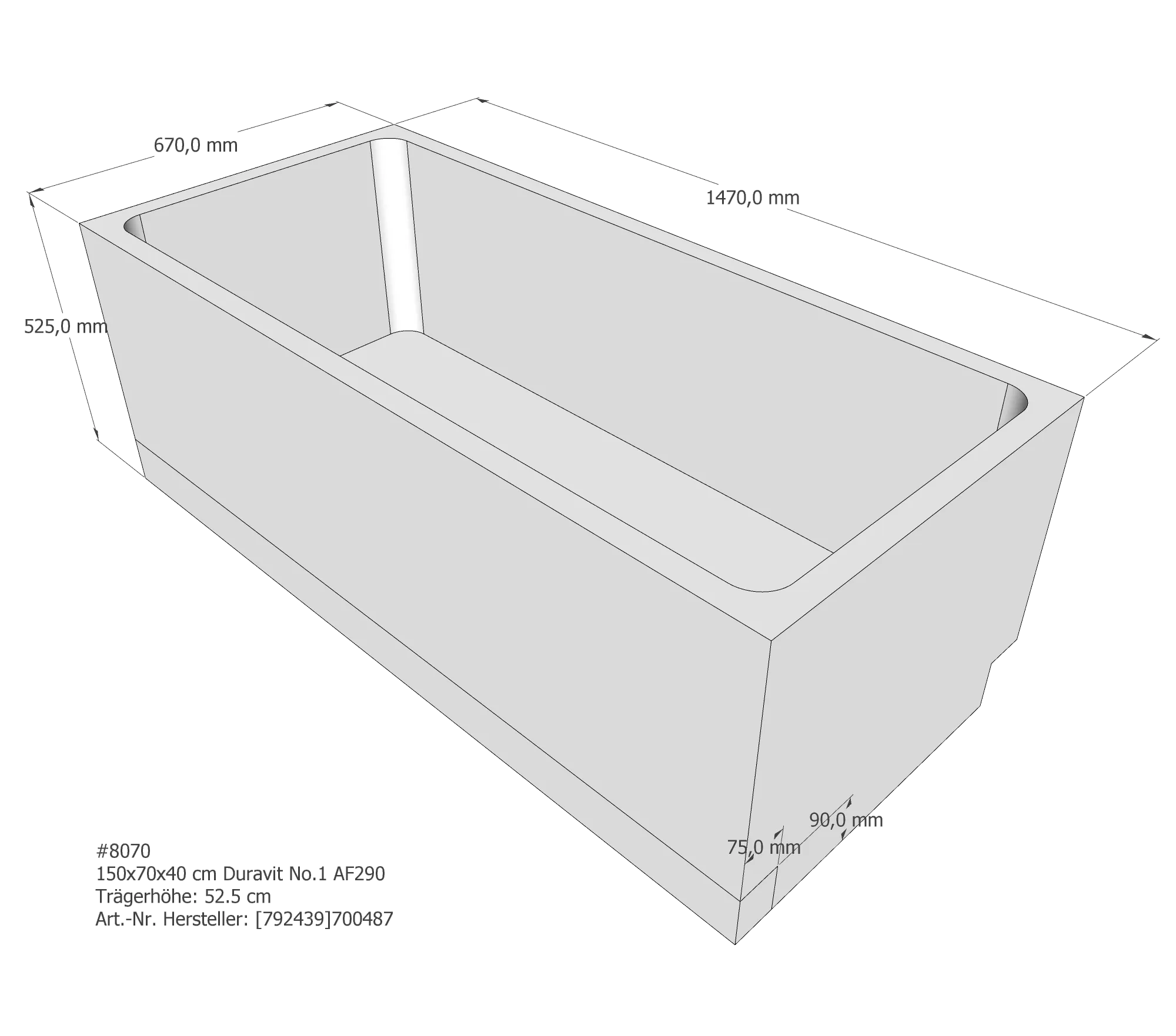 Badewannenträger passend für Duravit No.1 150 × 70 × 40 cm