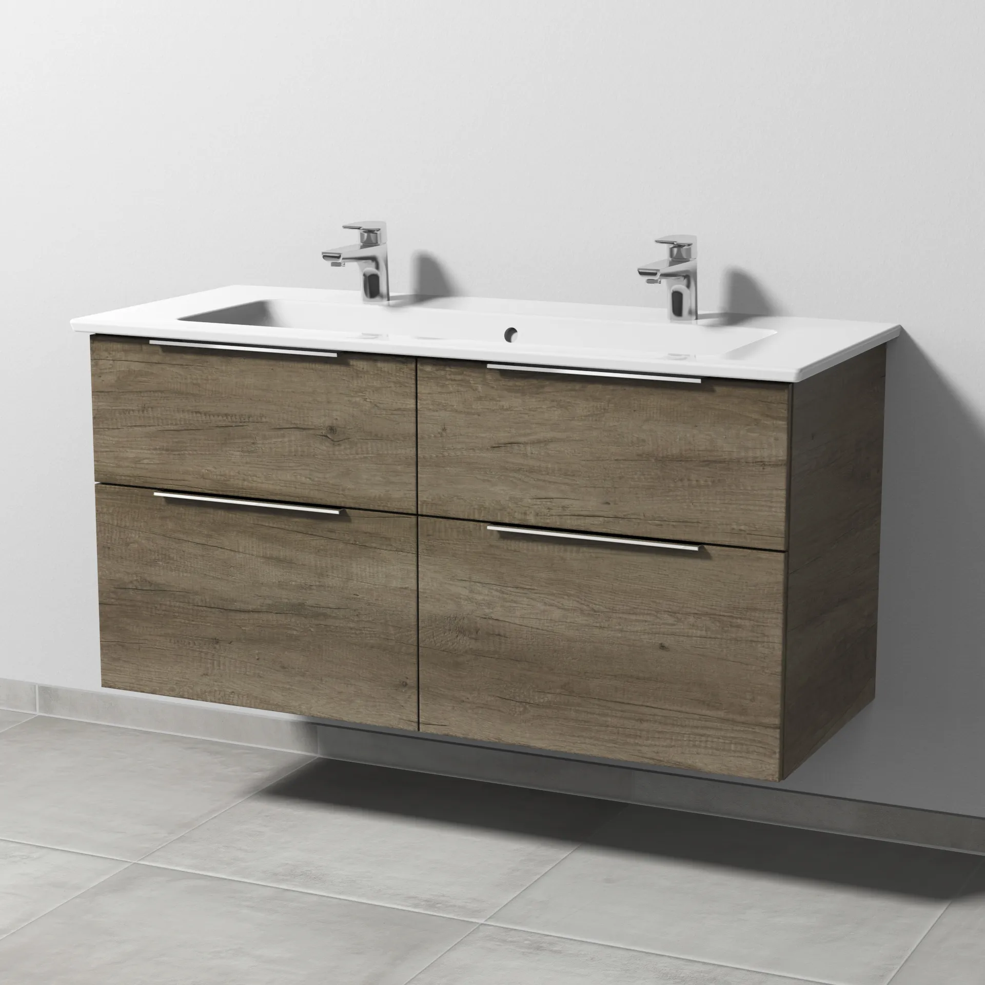 Keramik-Waschtisch-Set mit Waschtischunterschrank „3way“ 115,5 × 47,7 × 59,1 cm in Eiche Nebraska, mit Hahnlochbohrung, Becken mittig Keramik-Waschtisch-Set mit Waschtischunterschrank „3way“ 115,5 × 47,7 × 59,1 cm in Eiche Nebraska, mit Hahnlochbohrung, Becken mittig