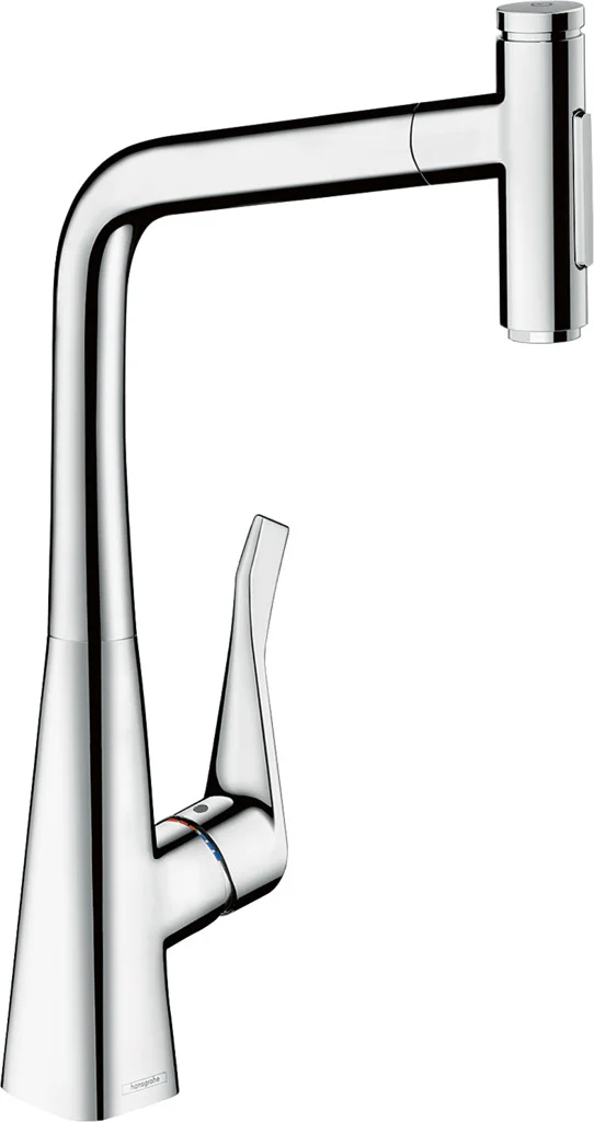 Hansgrohe Metris Select M71 Küchenmischer 320, Ausziehbrause 2-Jet Chrom, Schwenkbereich 110° oder 150°, Laminarstrahl und Brausestrahl, MagFit magnetische Halterung, max. Durchfluss 8 l/min, Keramikmischsystem, für Durchlauferhitzer geeignet