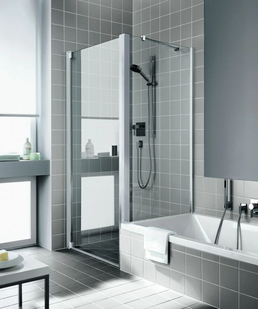 Kermi Seitenwand verkürzt auf Badewanne für Ecke „RAYA“ Glas Klar, Profile Silber Hochglanz, BV: 875 - 895 mm WE: 885 - 905 mm H: 1600 mm