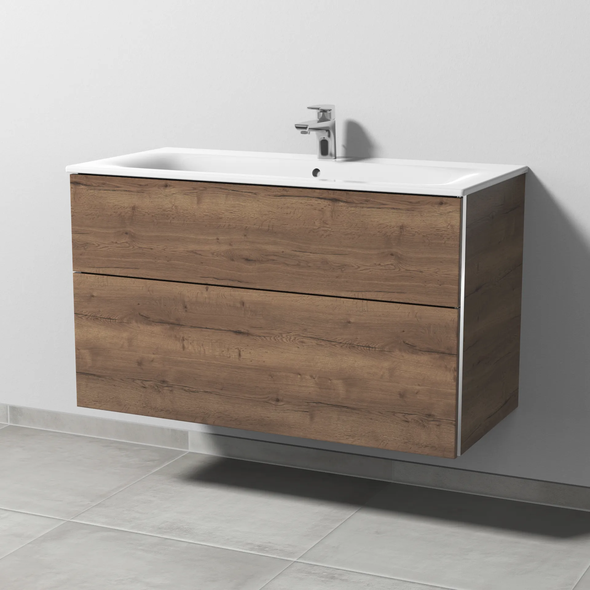 Sanipa Waschtischunterschrank „3way“ passend zu Keramik-Waschtische Renova Plan Slim von Geberit 985 × 582 × 472 mm in Eiche Tabak