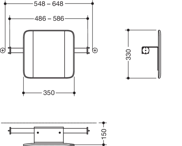 Rückenstütze des Systems 900, Anbindung aus Edelstahl, PVD, Lehne aus Kunststoff, weiß, Achsmaß von 486 bis 586 mm bauseits verstellbar, T: 150 mm, Montage an Stützklappgriffen, Design (A) des Systems 900, in Farbe CK (messing glänzend)