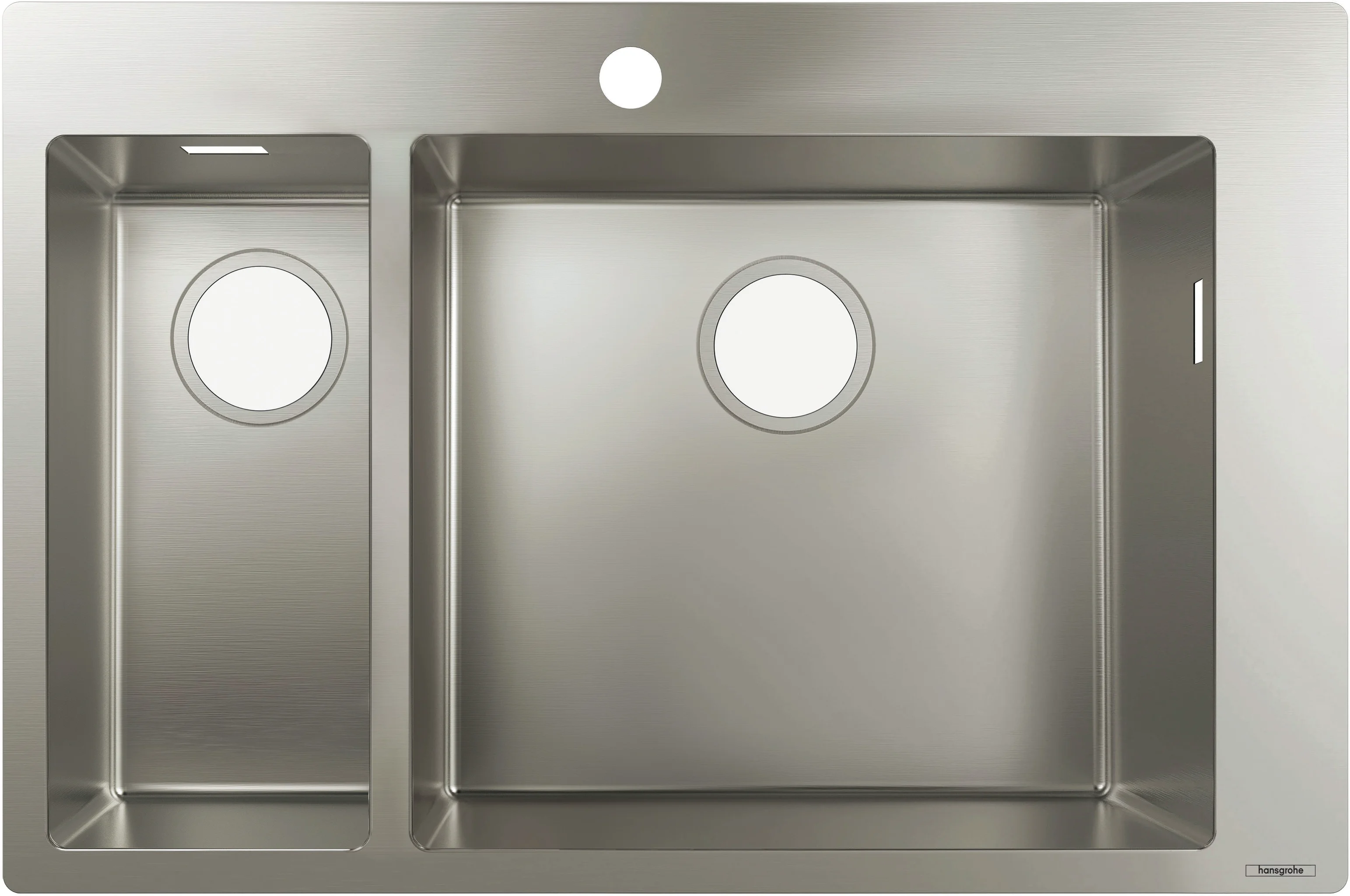 Hansgrohe Einbauspüle S71 Edelstahl 180x450 mm, flach aufliegend oder flächenbündig, mit Haupt- und Zusatzbecken Hansgrohe Einbauspüle S71 Edelstahl 180x450 mm, flach aufliegend oder flächenbündig, mit Haupt- und Zusatzbecken