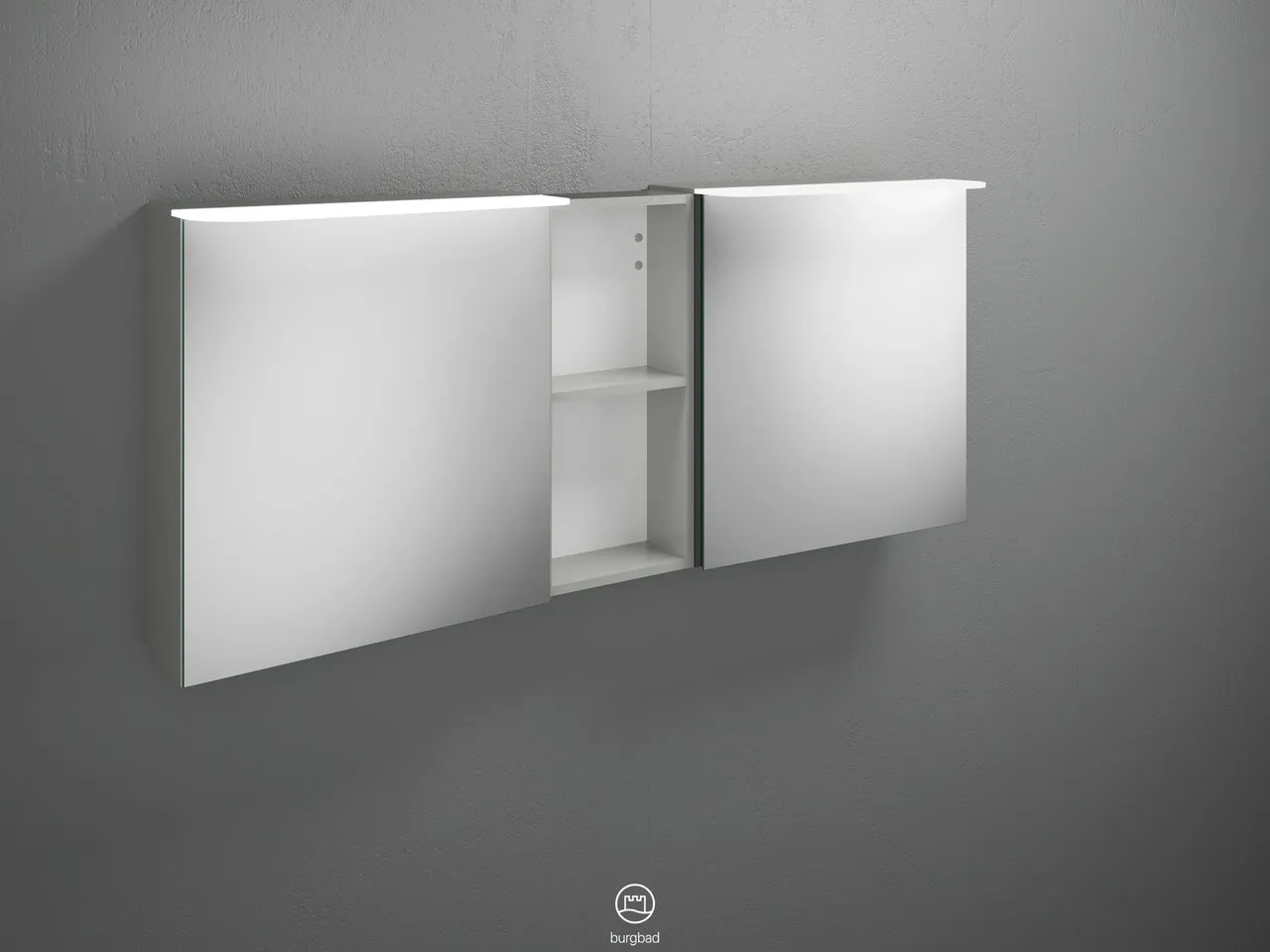 Badu Spiegelschrank SFTY150 von burgbad – 310 mm tief, 1.500 mm breit, 665 mm hoch, beidseitig verspiegelt mit LED-Aufsatzleuchten und Regal