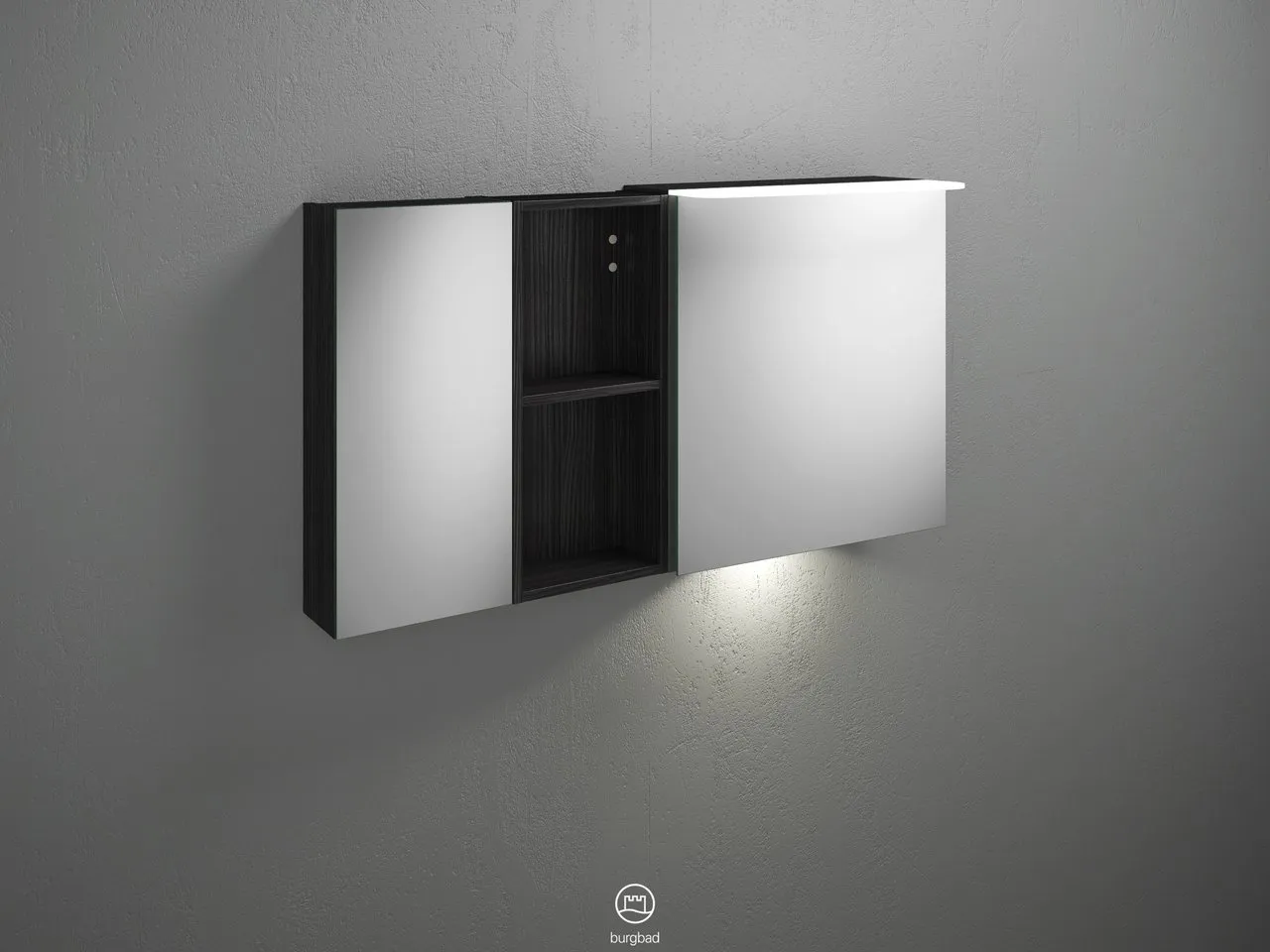 Badu Spiegelschrank SFUD120 von burgbad - 310 mm tief, 1.200 mm breit, 665 mm hoch, beidseitig verspiegelt mit LED-Aufsatzleuchte und Waschtischbeleuchtung