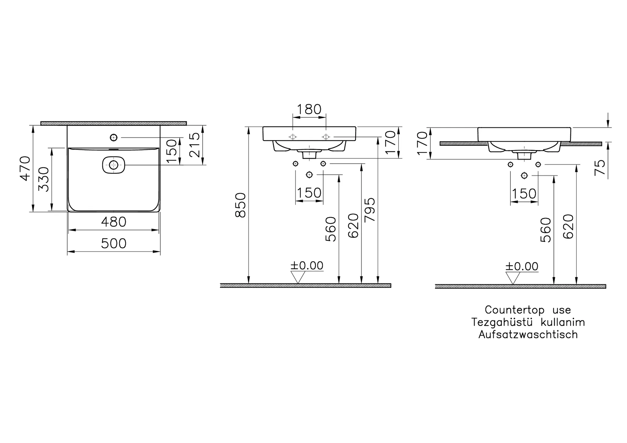 New Metropole Aufsatzwaschtisch wandgebunden rechteckig 50 x 47 cm mit Hahnloch mit Überlaufschlitz Steingrau Matt mit Oberflächenveredelung Clean