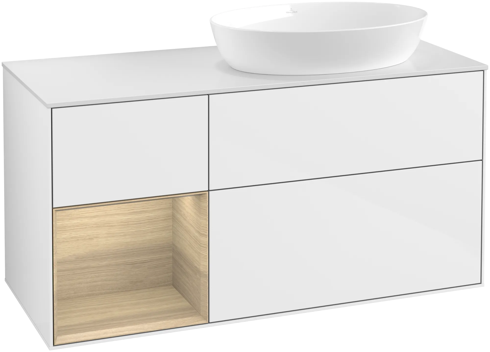 Villeroy & Boch Finion FA4 Waschbeckenunterschrank, 1200x603x501mm, Glossy White Lacquer / Oak Veneer / Glass White Matt