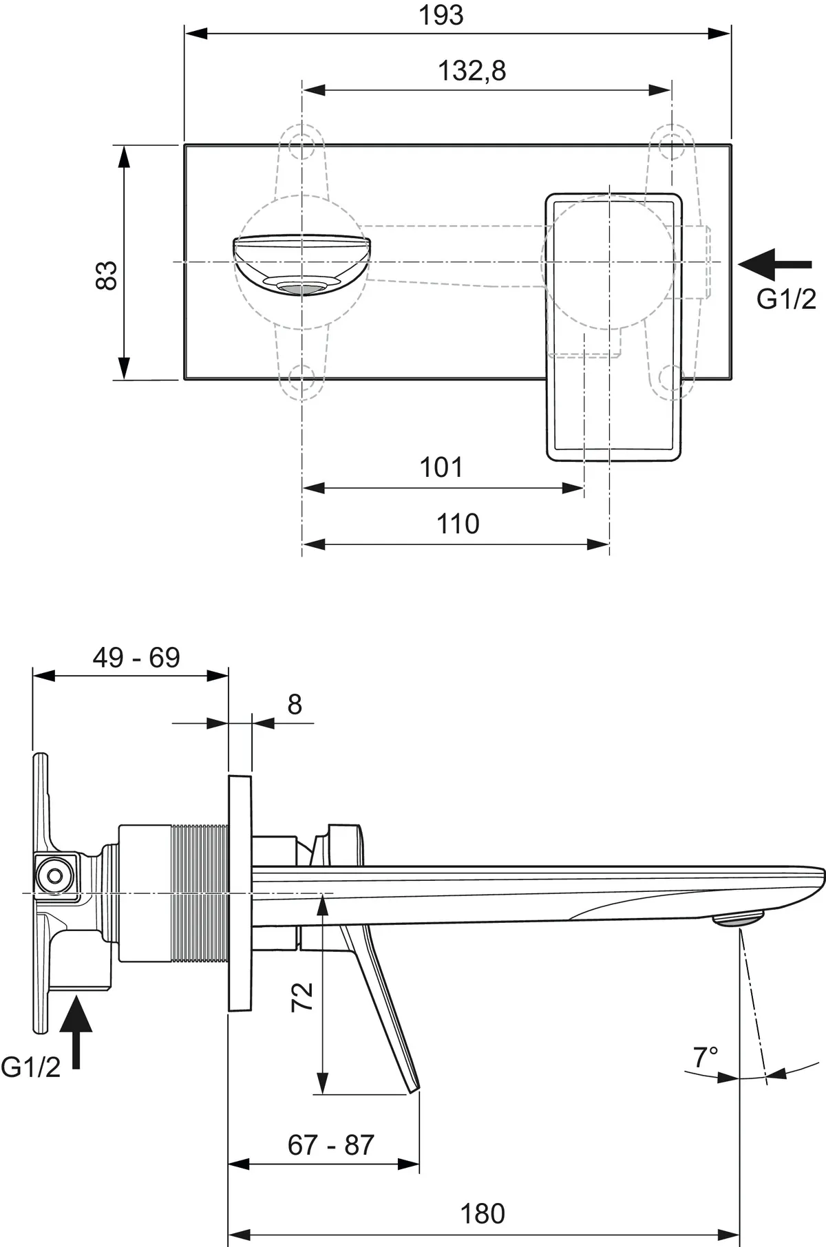 Ideal Standard Wand-Waschtischarmatur Conca, eckige Rosette, 180mm Ausladung, Chrom Ideal Standard Wand-Waschtischarmatur Conca, eckige Rosette, 180mm Ausladung, Chrom