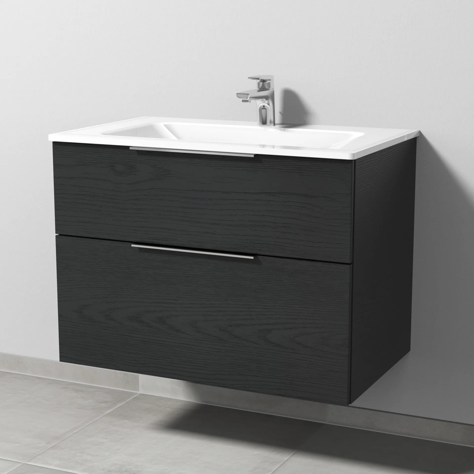Glas-Waschtisch-Set mit Waschtischunterschrank „3way“ 80 × 48,7 × 58,2 cm in Black Oak, mit Hahnlochbohrung