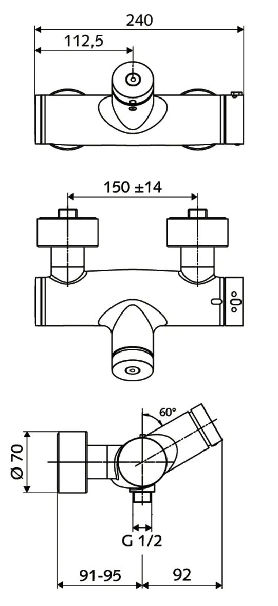 Aufputz-Duscharmatur VITUS VD-SC-T / u, Mischwasser, Thermostat, Selbstschluss-Aufputz-Duscharmatur, 2 RFV, 2x DN 15 G 1/2 AG, DN 15 G 1/2 AG (unten), chrom