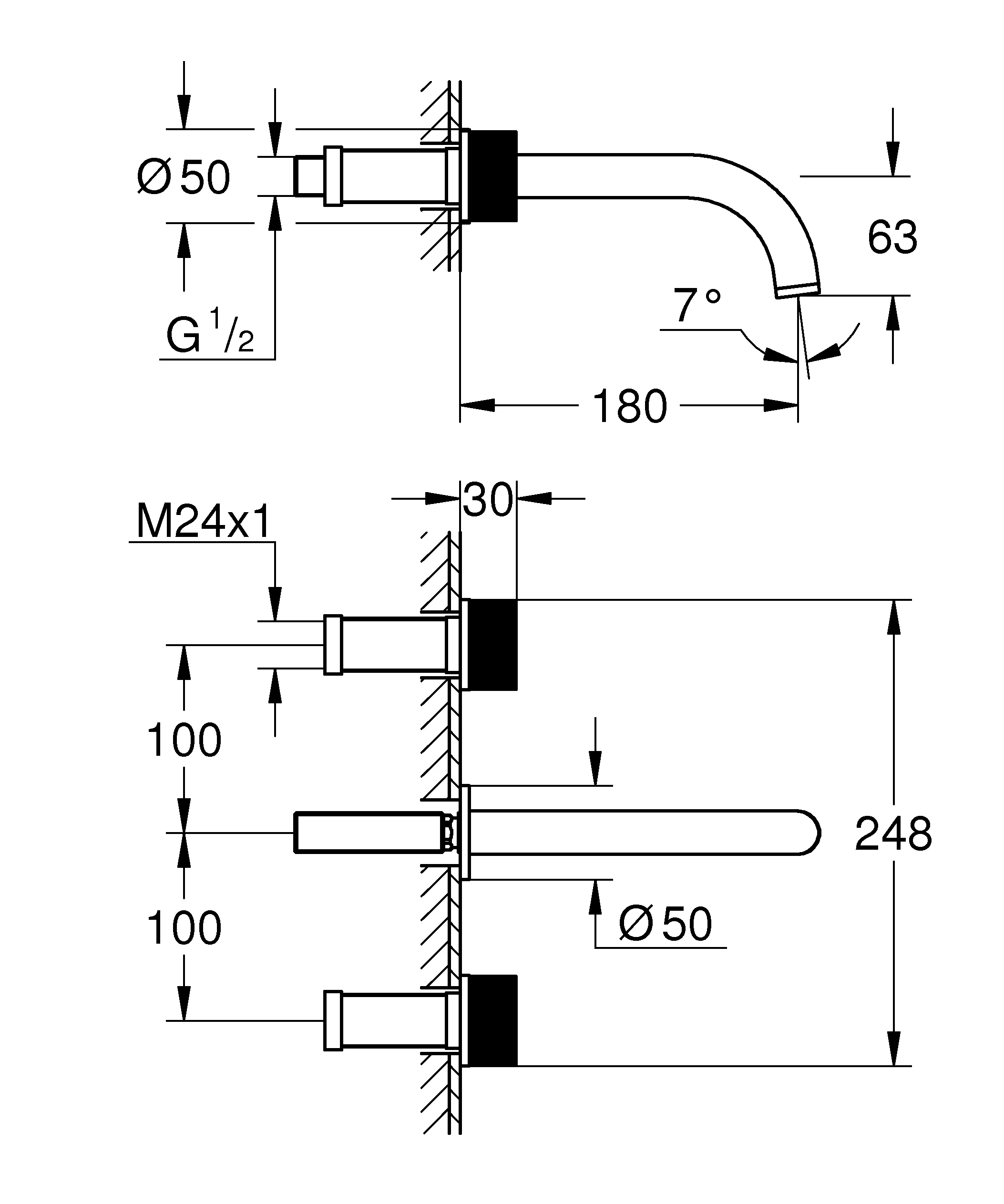 3-Loch-Waschtischbatterie Atrio Private Collection 20589, Wandmontage, Fertigmontageset für 29 025 002, Knopfbetätigung mit Metalleinlagen, Stichmaß 200mm, Ausladung 180mm, chrom