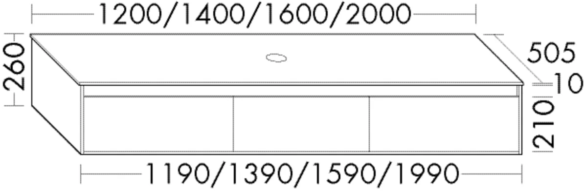 Waschtischunterschrank rc40Solitaire von burgbad – 1.200 mm breit, 260 mm hoch, 505 mm tief, inkl. Abdeckplatte mit Beckenausschnitt, Schubladen und Metallbox