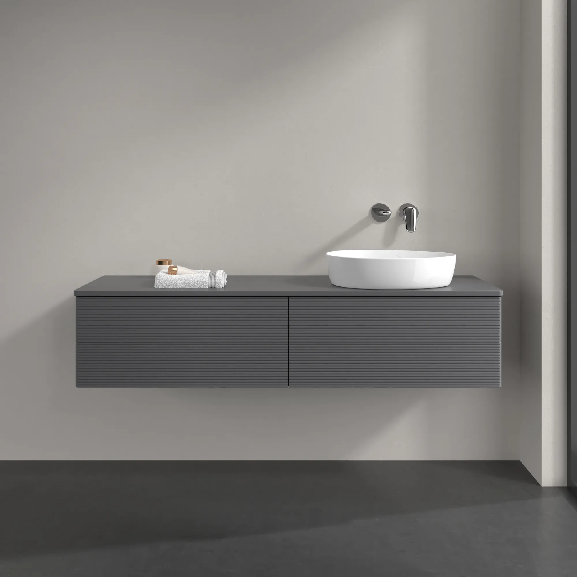 Villeroy & Boch Waschtischunterschrank „Antao“ 1600 × 360 × 500 mm Anthracite Matt Lacquer, für Becken rechts, ohne Beleuchtung Villeroy & Boch Waschtischunterschrank „Antao“ 1600 × 360 × 500 mm Anthracite Matt Lacquer, für Becken rechts, ohne Beleuchtung